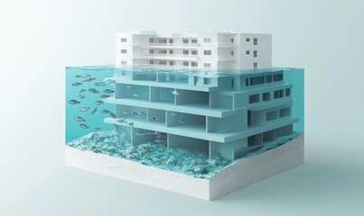Underwater building cutaway with fish, coral, and ocean