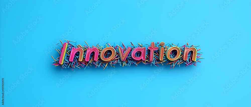Aufkleber innovation text in multicolored pixelated 3d design on a vibrant blue studio background with bright 