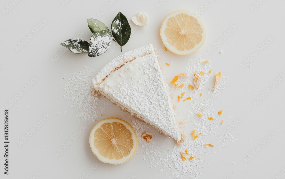Poster overhead view of lemon cake slice with zest and powdered sugar on white background