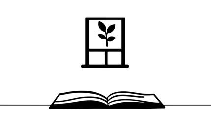 Simplicity of knowledge and nature intertwined through a book resting beneath a window with a plant