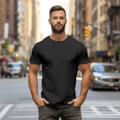 Male Model Wearing a Black Tshirt Standing on the Street in Daytime, Mockup, AI
