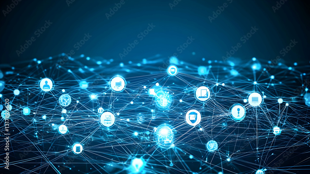 Poster futuristic digital network with glowing blue lines and data icons on a dark background abstract tech