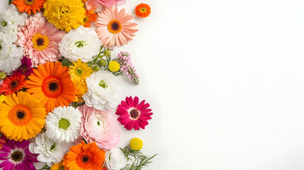 Vibrant Colorful Gerbera and Ranunculus Flower Arrangement on White Background with Copy Space for Spring Floral Design