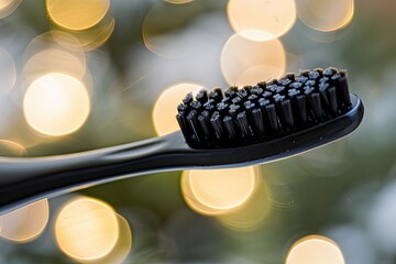 A close-up view of a bamboo toothbrush, with a gently blurred, warm-toned backdrop adding a soothing and earthy vibe