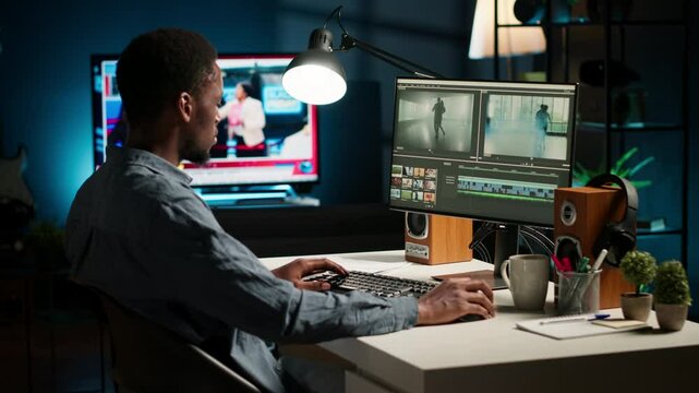 Video maker editing montage clips on coloring software at home, working on color correction and motion graphics to edit footage. Content creator editing clips on toolbar panels. Camera B.