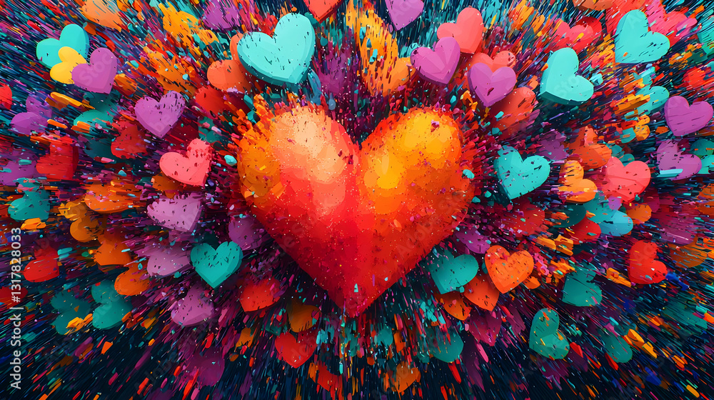 Aufkleber a large pixelated red heart exploding with colorful smaller hearts against a dark background in a 3d