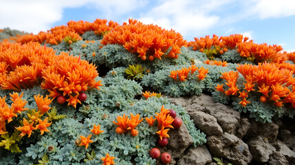 Intractable lichens, azure vines and berries, peppery sky, and lumpy yucktez