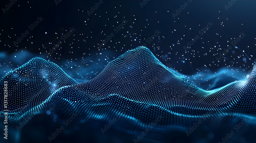 Poster dynamic blue digital landscape with illuminated particles flowing across a dark background in a futu