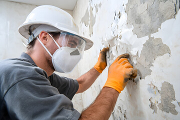home inspector wearing protective mask pulling back peeling vintage wallpaper exposing extensive toxic mold growth in bathroom corner