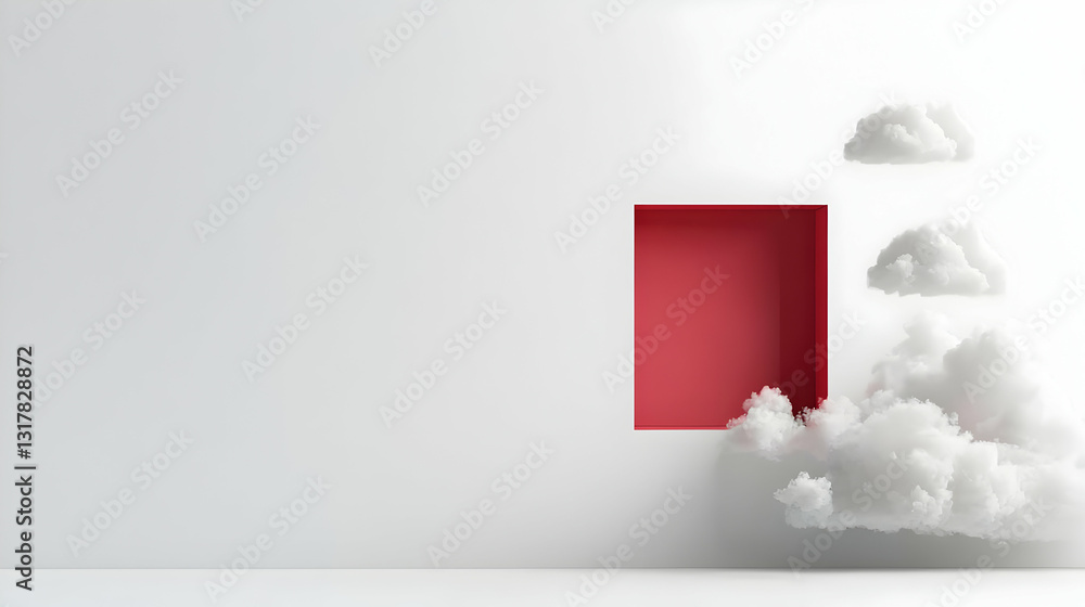 Poster 3d render of fluffy white clouds emerging from a red square opening in a white wall creating a surre