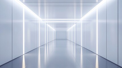 Fototapeta premium Futuristic White Corridor Interior Design: Gleaming Walls and Bright LED Lights Illuminate a Modern Space