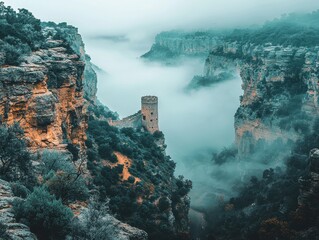 Amidst the embrace of ethereal fog, colossal canyon walls ascend in majestic splendor, revealing nature's artistry etched through epochs of relentless erosion The soft, hazy veil dances between the