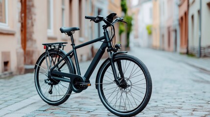 Fototapeta premium Eco-friendly electric bicycle in urban setting promoting clean energy alternative city street view