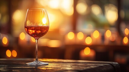 Glass of red wine at sunset on wooden table.