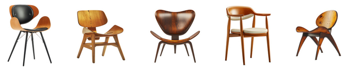 Set of Modern Wooden Chairs in PNG Cutout Style with Transparent Background for Design Use