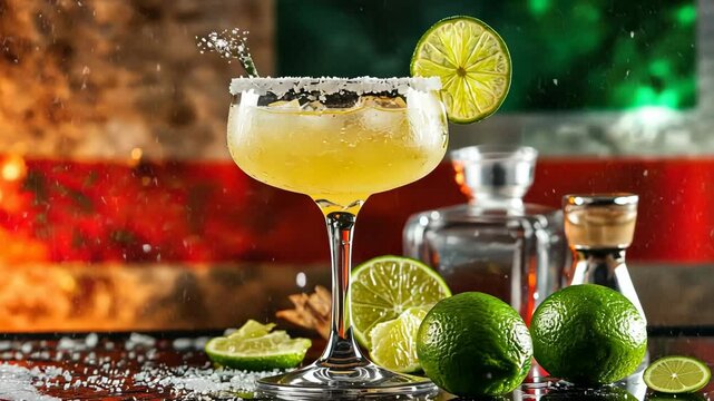 Margarita cocktail with salt rim and lime, surrounded by fresh limes and tequila bottle, celebrating vibrant cinco de mayo, mexican culture