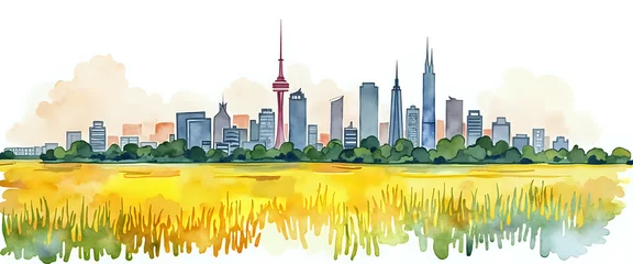 a cityscape with a lake and a forest in the foreground in watercolor style