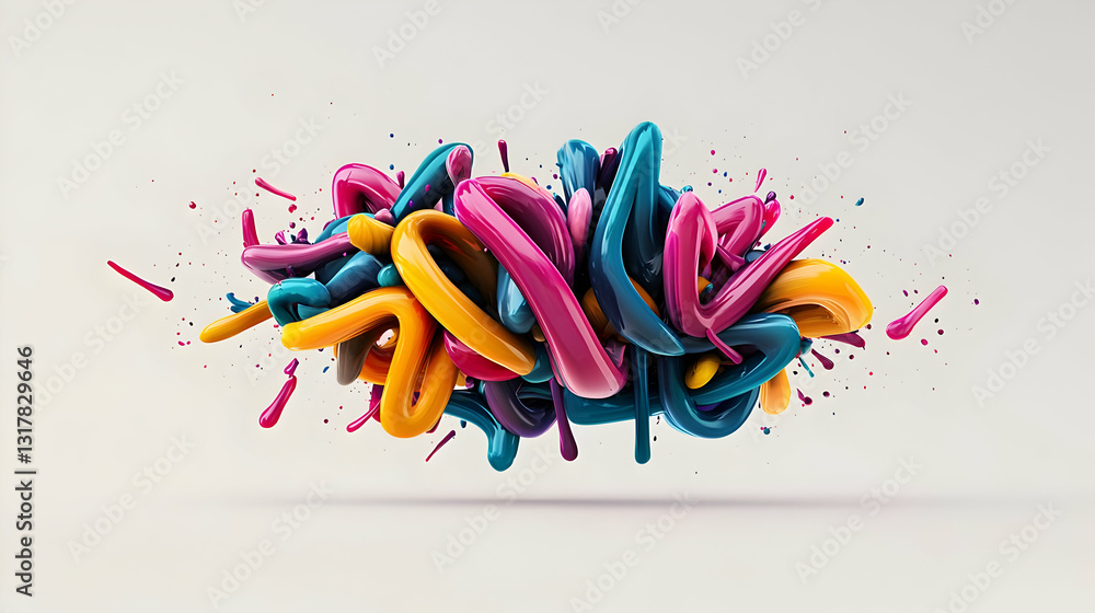 Poster 3d render of a vibrant abstract cluster of colorful intertwined shapes on a white background