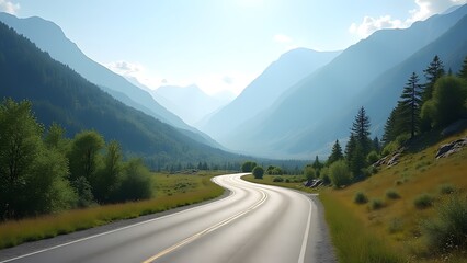 sunny winding mountain road in scenic valley travel