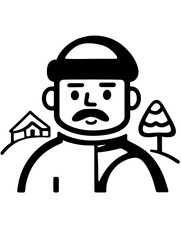 Character portrait of a farmer standing by his home with a tree under clear skies in a serene countryside landscape