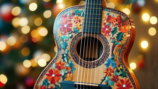 Vibrant floral guitar with festive bokeh lights celebrating cinco de mayo and mexican culture with bright colors and art