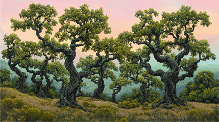 Enchanting Surreal Forest Landscape with Ancient Twisted Oak Trees at Sunset - Vector Art Illustration in Tranquil Pastel Colors with Lush Greenery and Rolling Hills