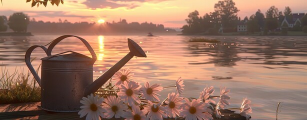 An illustration showing water droplets falling from a watering can onto vibrant daisies and tulips, capturing the gardening theme