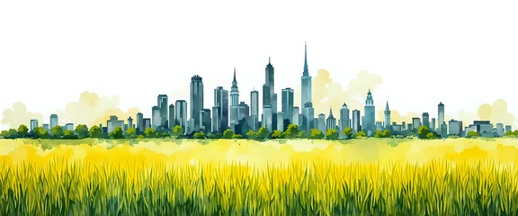 a city skyline and a rice field in watercolor style