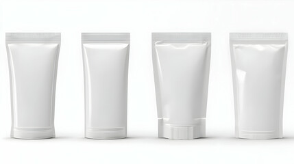 Four Blank White Aluminum Packaging Tubes With Silver Caps For Cream Lotion Or Gel On White Background 3D Rendering Product Mockup