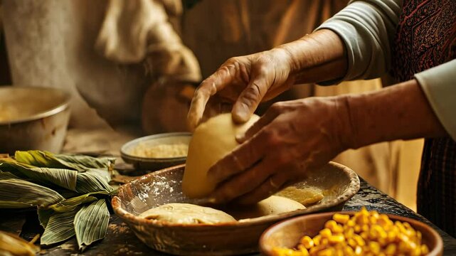 Elderly hand preparing traditional mexican tamales in rustic kitchen setting, mexican cuisine and heritage, reflecting cinco de mayo, mexican culture