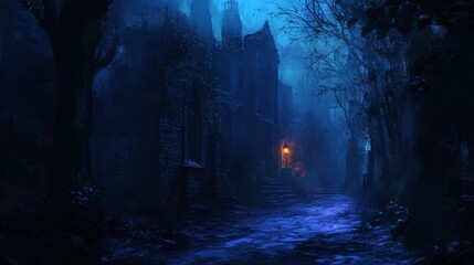 A hauntingly dimly lit scene with soft, warm, and slow-moving light casts long shadows, evoking an atmosphere of mystery and foreboding, with deep blues and purples dominating the color palette, and s