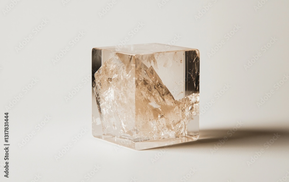 Poster translucent beige cube with internal patterns on white background