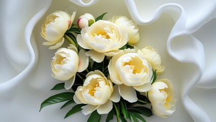 Fototapeta premium Cream Peonies Bouquet on White Fabric Background