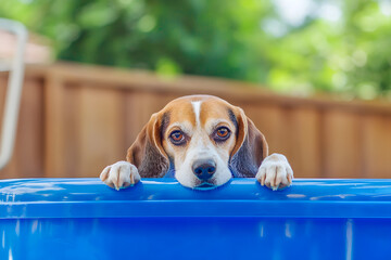 beagle with tricolor markings cooling paws in cerulean kiddie pool while panting in shaded backyard retreat 