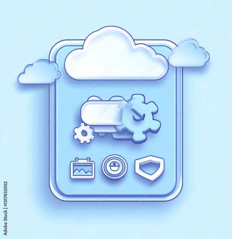 Poster cloud connection icon design with sleep patterns and network connections, featuring a light blue bac