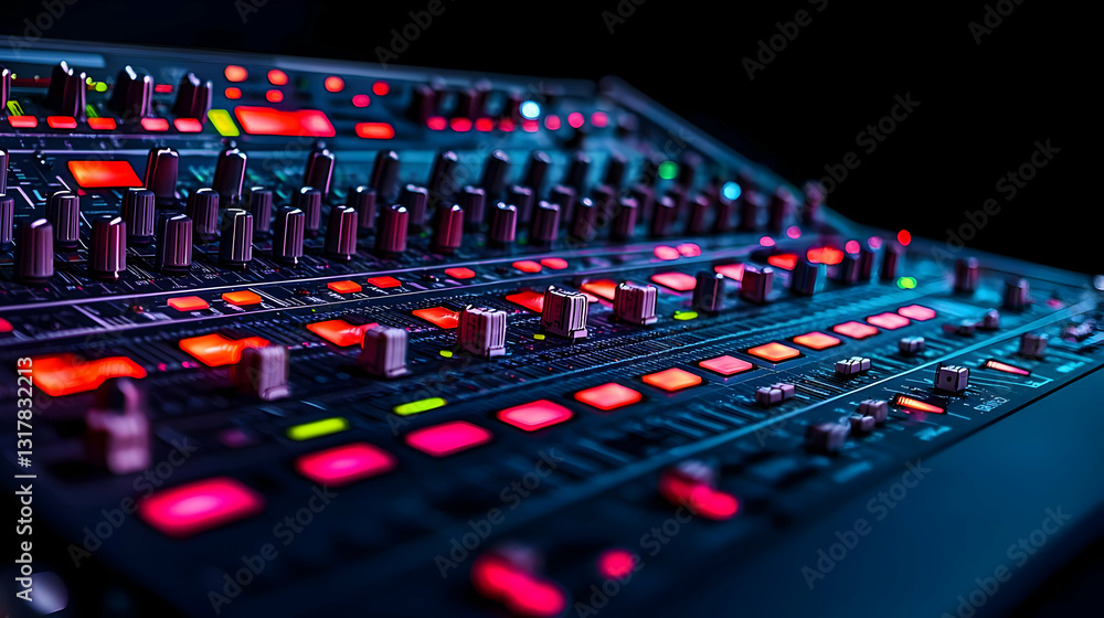 Poster professional audio mixing console with illuminated buttons and knobs in a dark studio setting for mu