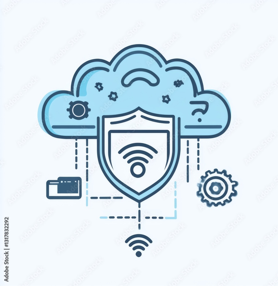 Poster cloud connection icon design with sleep patterns and network connections, featuring a light blue bac