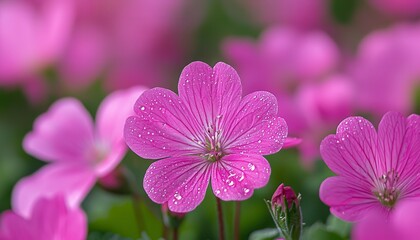 Fototapeta premium Delicate pink petals unfurl, graced by shimmering dew drops that cling like tiny diamonds A vibrant sea of blossoms stretches towards the horizon, a breathtaking tapestry woven with nature's artistry