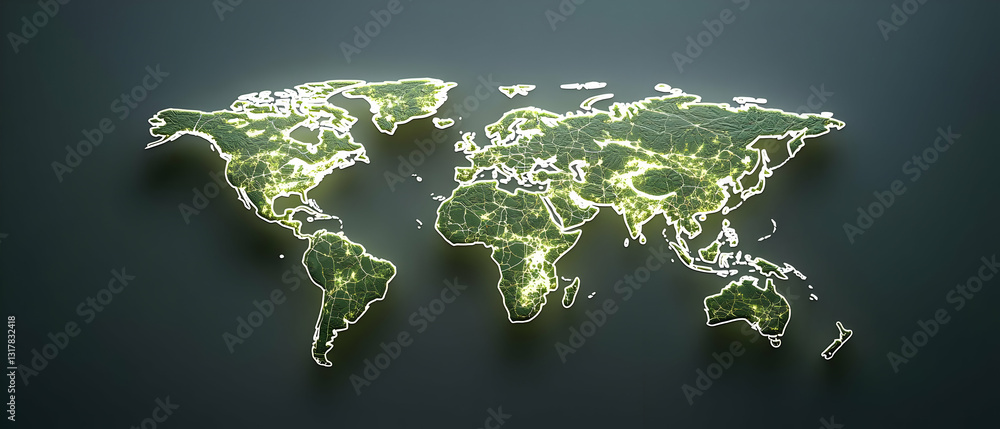 Aufkleber illuminated green world map on dark background with glowing lines and dots showing continents and co