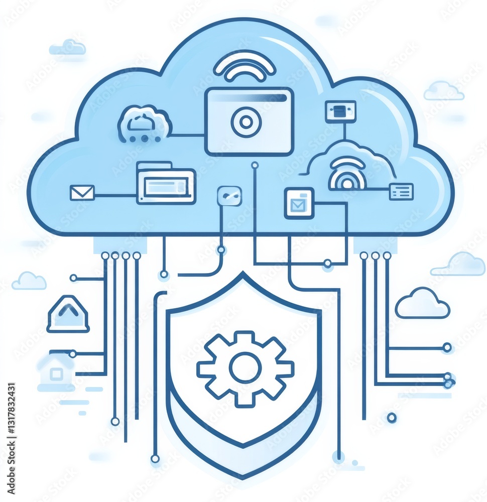 Poster cloud connection icon design with sleep patterns and network connections, featuring a light blue bac