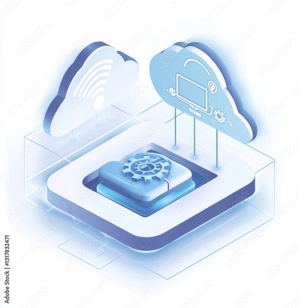 Poster cloud connection icon design with sleep patterns and network connections, featuring a light blue bac