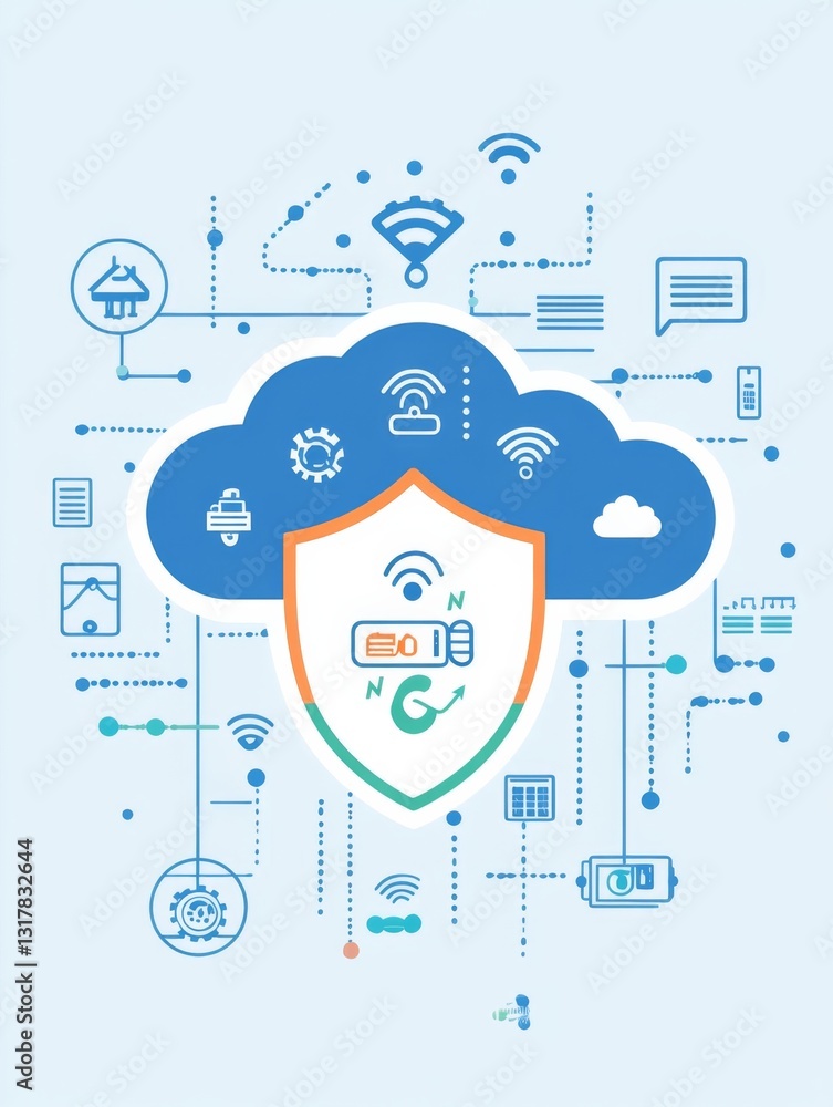 Poster cloud connection icon design with sleep patterns and network connections, featuring a light blue bac