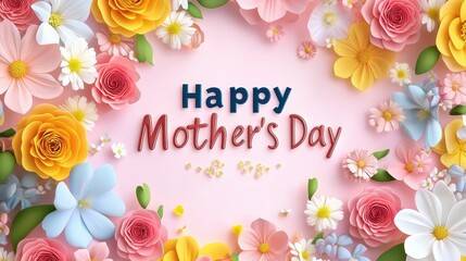 Happy Mother’s Day celebration surrounded by colorful floral decorations and warm wishes in a vibrant design