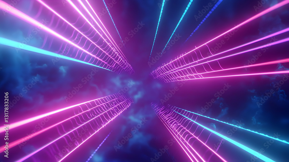 Poster vivid pink and blue neon light trails converging in a dark cloudscape creating a futuristic tunnel e