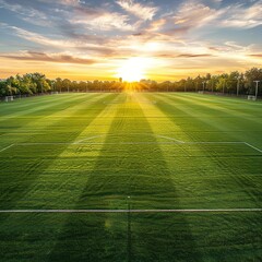 A typical professional tournament soccer field is spacious and well-maintained, with green grass and lush golden light.