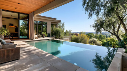 Luxurious Infinity Pool With Scenic City View Overlooking Lush Green Landscape Under Clear Blue Sky At Modern California Home