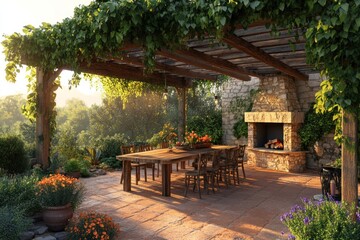 Obraz premium Outdoor Dining Area with Rustic Charm and Lush Greenery