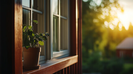 Fenster eines roten Holzhauses mit Lichtspiel durch Blätter

