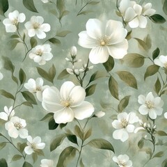 Seamless pattern of white flowers and green leaves on a sage green background.