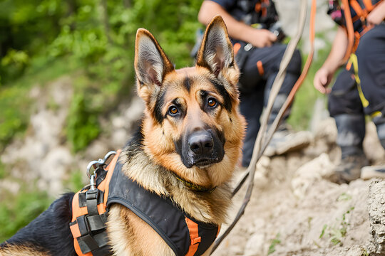 German Shepherd rescue dog crossing fallen log bridge, orange reflective vest with patches - Powered by Adobe